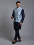 Vastramay Men's Grey Embellished Jacket with Navy Blue Kurta Pant Set