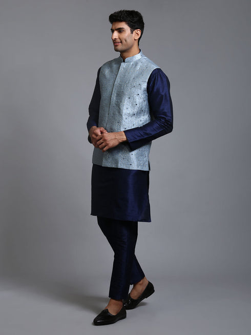 Vastramay Men's Grey Embellished Jacket with Navy Blue Kurta Pant Set