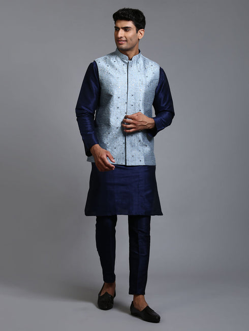 Vastramay Men's Grey Embellished Jacket with Navy Blue Kurta Pant Set