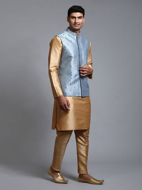 Vastramay Men's Grey Embellished Jacket with Rose Gold Kurta Pant Set