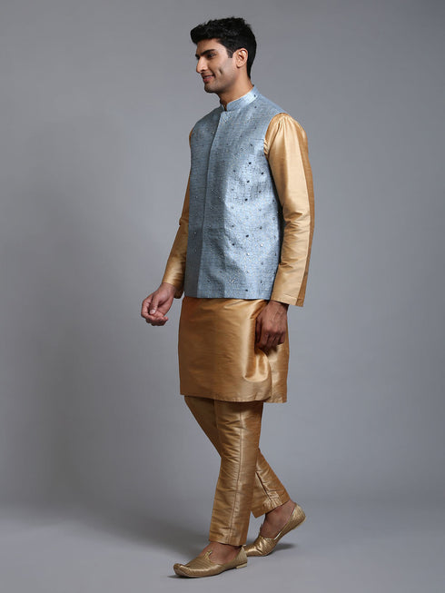 Vastramay Men's Grey Embellished Jacket with Rose Gold Kurta Pant Set