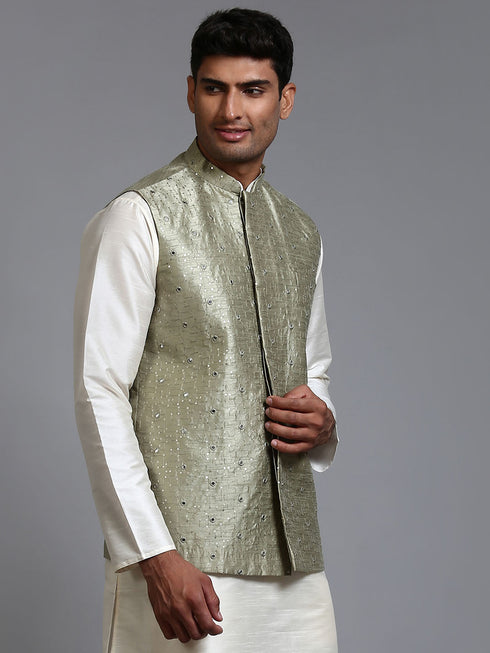 Vastramay Men's Mehndi Green Embellished Jacket