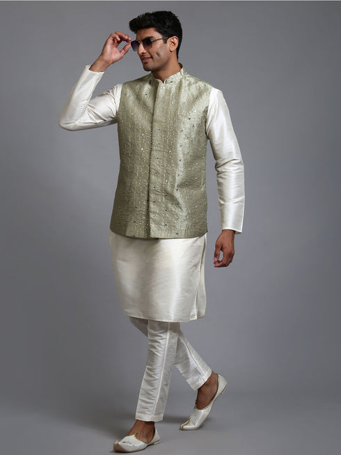 Vastramay Men's Mehndi Green Embellished Jacket