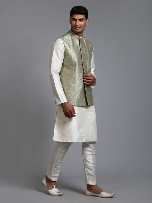 Vastramay Men's Mehndi Green Embellished Jacket with Cream Kurta Pant Set