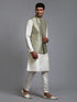Vastramay Men's Mehndi Green Embellished Jacket with Cream Kurta Pant Set