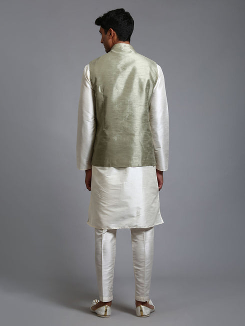 Vastramay Men's Mehndi Green Embellished Jacket with Cream Kurta Pant Set