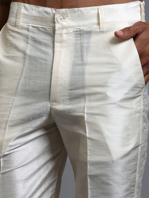 Vastramay Men's Mehndi Green Embellished Jacket with Cream Kurta Pant Set