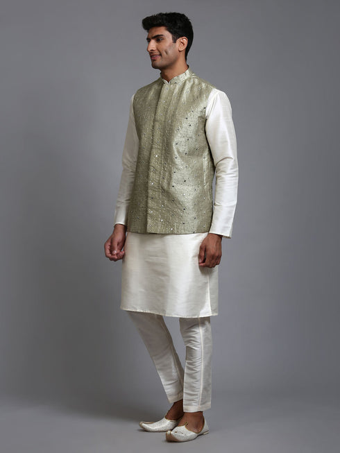 Vastramay Men's Mehndi Green Embellished Jacket with Cream Kurta Pant Set