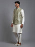 Vastramay Men's Mehndi Green Embellished Jacket with Cream Kurta Pant Set