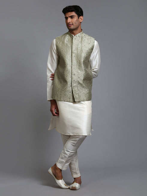 Vastramay Men's Mehndi Green Embellished Jacket with Cream Kurta Pant Set