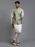 Vastramay Men's Mehndi Green Embellished Jacket with Cream Kurta Pant Set