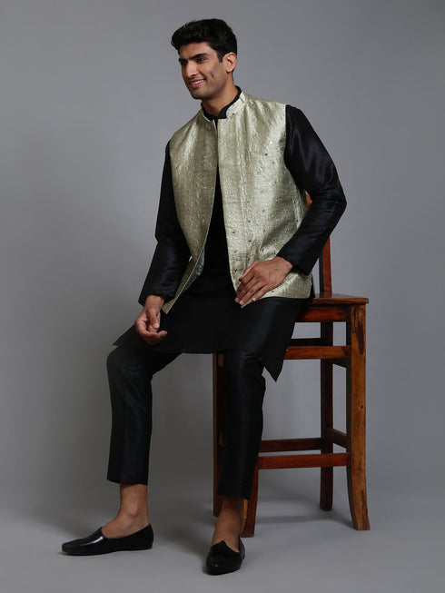Vastramay Men's Mehndi Green Embellished Jacket with Black Kurta Pant Set