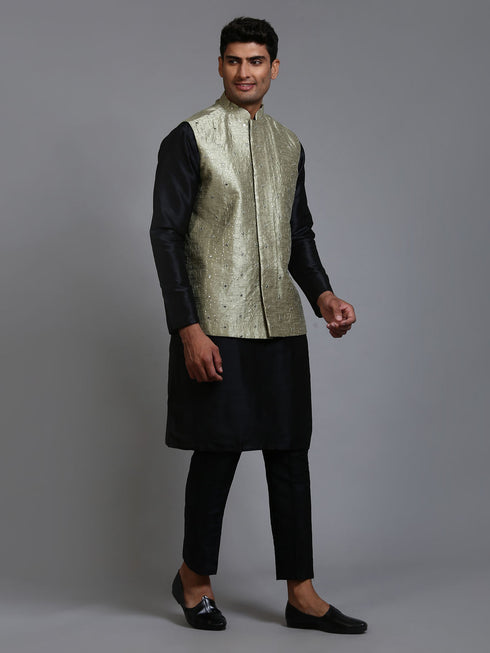 Vastramay Men's Mehndi Green Embellished Jacket with Black Kurta Pant Set
