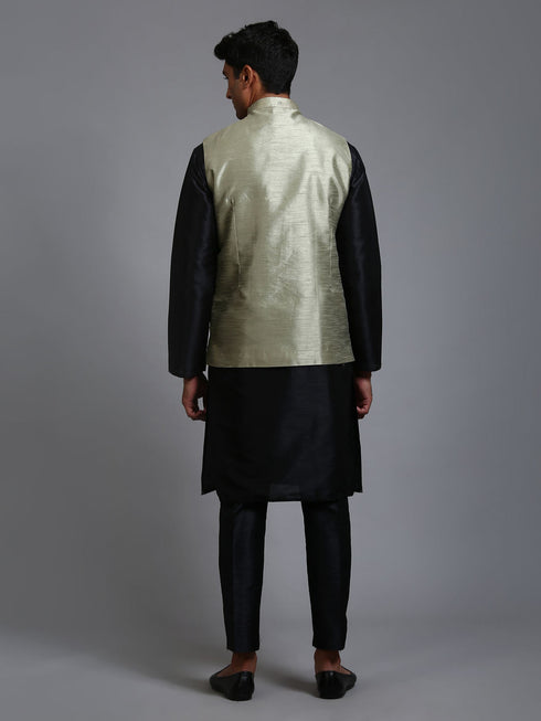 Vastramay Men's Mehndi Green Embellished Jacket with Black Kurta Pant Set