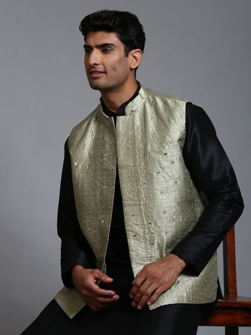 Vastramay Men's Mehndi Green Embellished Jacket with Black Kurta Pant Set