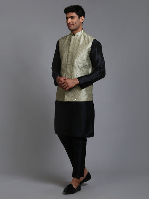 Vastramay Men's Mehndi Green Embellished Jacket with Black Kurta Pant Set
