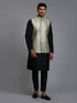 Vastramay Men's Mehndi Green Embellished Jacket with Black Kurta Pant Set