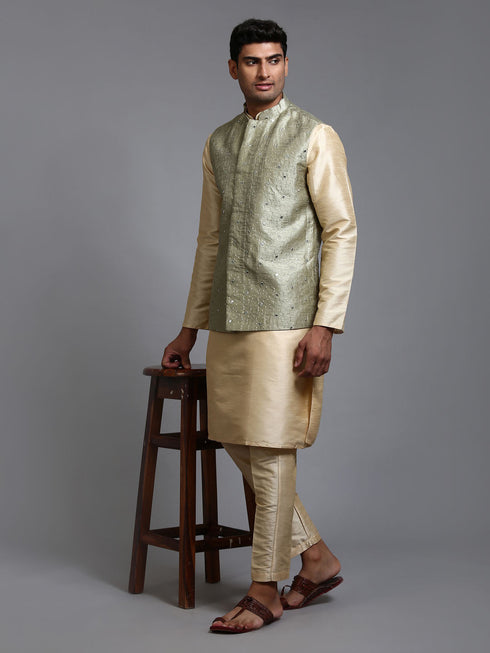 Vastramay Men's Mehndi Green Embellished Jacket with Gold Kurta Pant Set