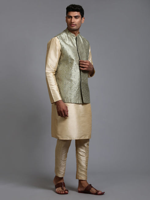Vastramay Men's Mehndi Green Embellished Jacket with Gold Kurta Pant Set