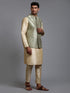 Vastramay Men's Mehndi Green Embellished Jacket with Gold Kurta Pant Set