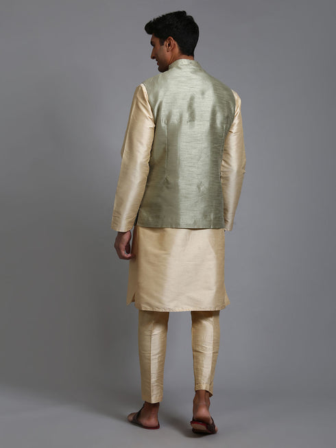 Vastramay Men's Mehndi Green Embellished Jacket with Gold Kurta Pant Set