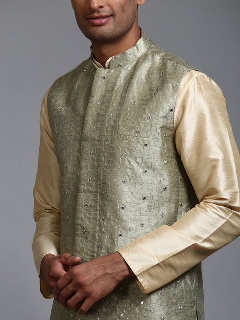 Vastramay Men's Mehndi Green Embellished Jacket with Gold Kurta Pant Set