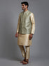Vastramay Men's Mehndi Green Embellished Jacket with Gold Kurta Pant Set