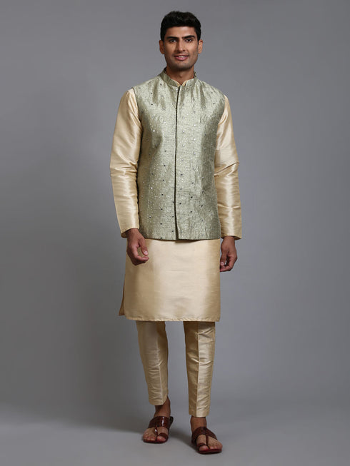 Vastramay Men's Mehndi Green Embellished Jacket with Gold Kurta Pant Set