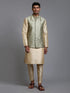 Vastramay Men's Mehndi Green Embellished Jacket with Gold Kurta Pant Set