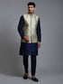 Vastramay Men's Mehndi Green Embellished Jacket with Navy Blue Kurta Pant Set