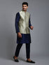 Vastramay Men's Mehndi Green Embellished Jacket with Navy Blue Kurta Pant Set