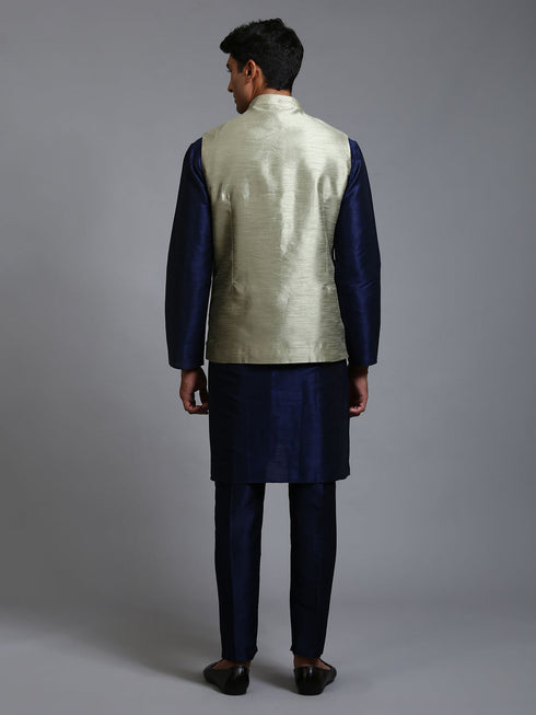 Vastramay Men's Mehndi Green Embellished Jacket with Navy Blue Kurta Pant Set