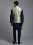 Vastramay Men's Mehndi Green Embellished Jacket with Navy Blue Kurta Pant Set