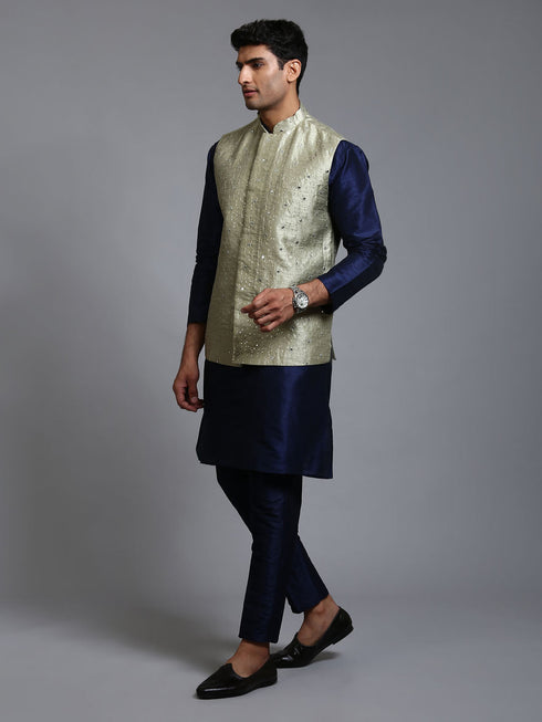 Vastramay Men's Mehndi Green Embellished Jacket with Navy Blue Kurta Pant Set