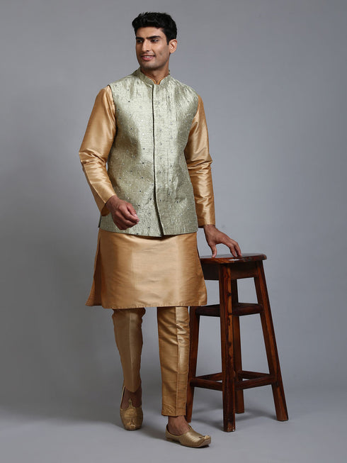 Vastramay Men's Mehndi Green Embellished Jacket with Rose Gold Kurta Pant Set
