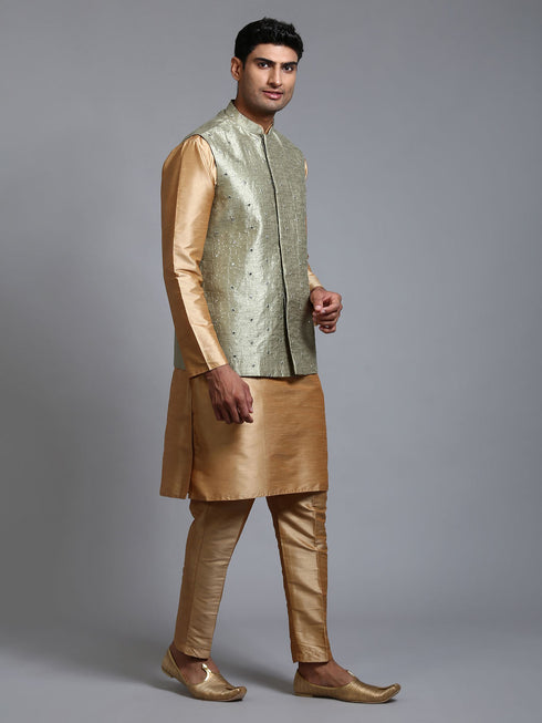 Vastramay Men's Mehndi Green Embellished Jacket with Rose Gold Kurta Pant Set