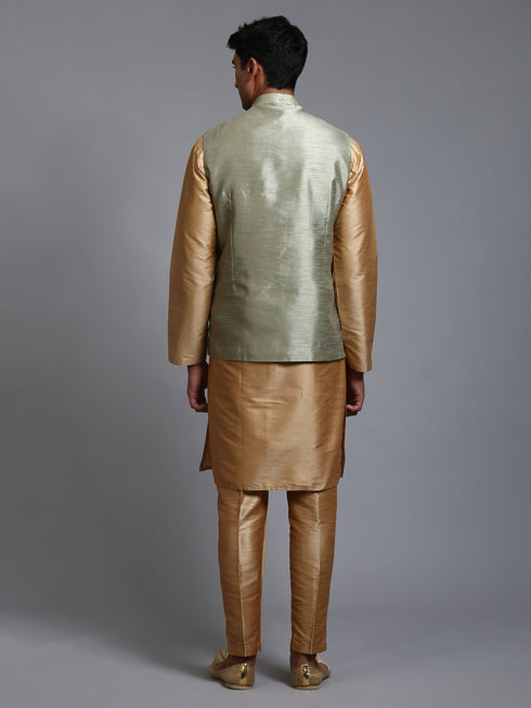 Vastramay Men's Mehndi Green Embellished Jacket with Rose Gold Kurta Pant Set