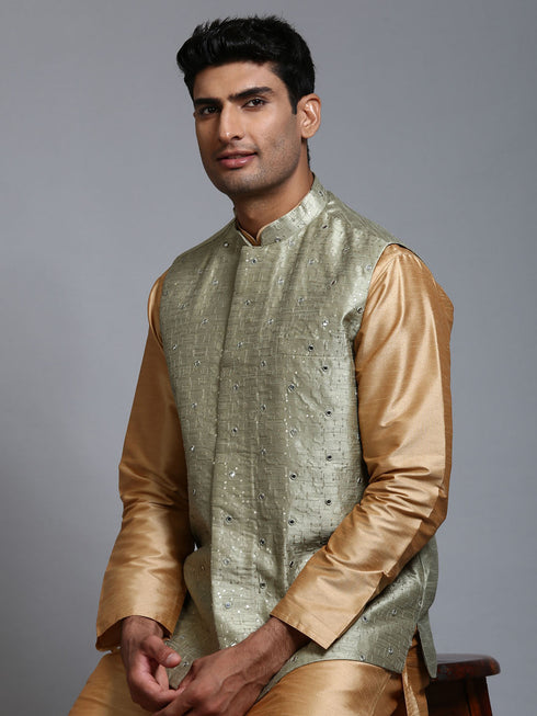 Vastramay Men's Mehndi Green Embellished Jacket with Rose Gold Kurta Pant Set