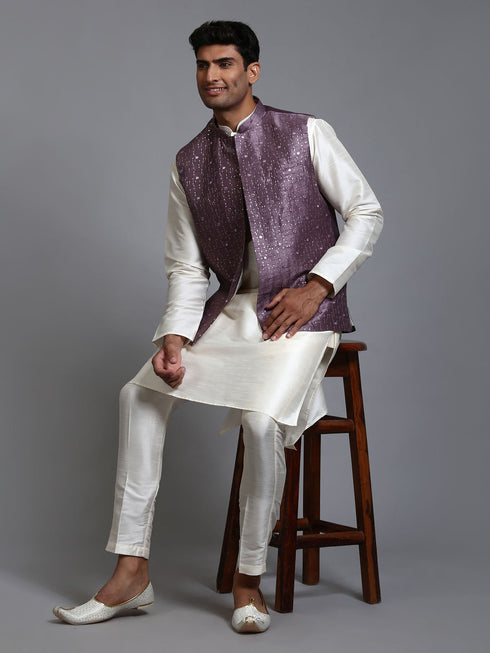 Vastramay Men's Purple Embellished Jacket with Cream Kurta Pant Set
