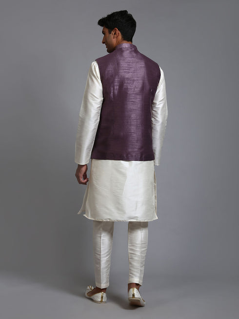 Vastramay Men's Purple Embellished Jacket with Cream Kurta Pant Set