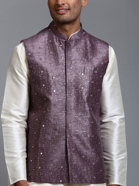 Vastramay Men's Purple Embellished Jacket with Cream Kurta Pant Set