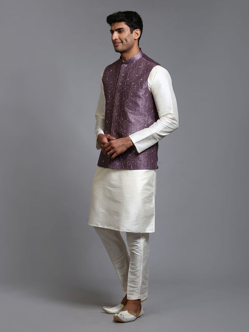 Vastramay Men's Purple Embellished Jacket with Cream Kurta Pant Set