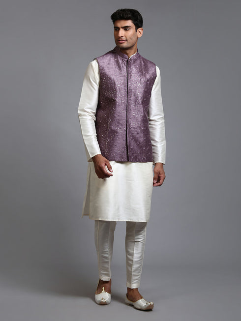 Vastramay Men's Purple Embellished Jacket with Cream Kurta Pant Set