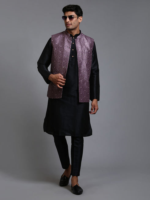 Vastramay Men's Purple Embellished Jacket with Black Kurta Pant Set