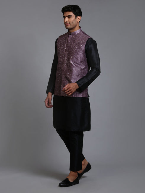 Vastramay Men's Purple Embellished Jacket with Black Kurta Pant Set