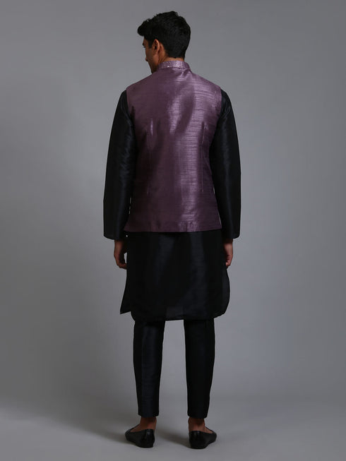 Vastramay Men's Purple Embellished Jacket with Black Kurta Pant Set