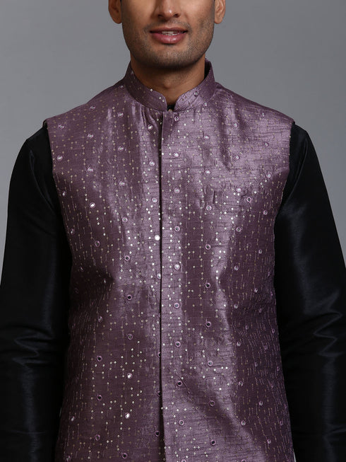 Vastramay Men's Purple Embellished Jacket with Black Kurta Pant Set