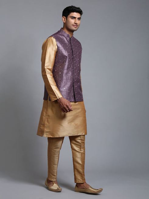 Vastramay Men's Purple Embellished Jacket with Rose Gold Kurta Pant Set