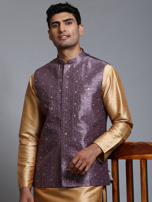 Vastramay Men's Purple Embellished Jacket with Rose Gold Kurta Pant Set