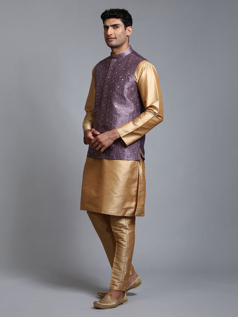 Vastramay Men's Purple Embellished Jacket with Rose Gold Kurta Pant Set